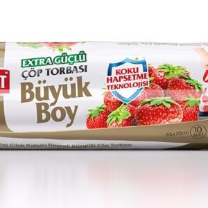 Koroplast Ekstra Güçlü Çilek Kokulu Büzgülü Büyük Boy Çöp Torbası 65x70 Cm 10 Lu