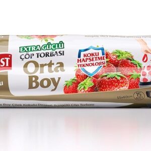 Koroplast Ekstra Güçlü Çilek Kokulu Büzgülü Orta Boy Çöp Torbası 55x60 Cm 15 Li